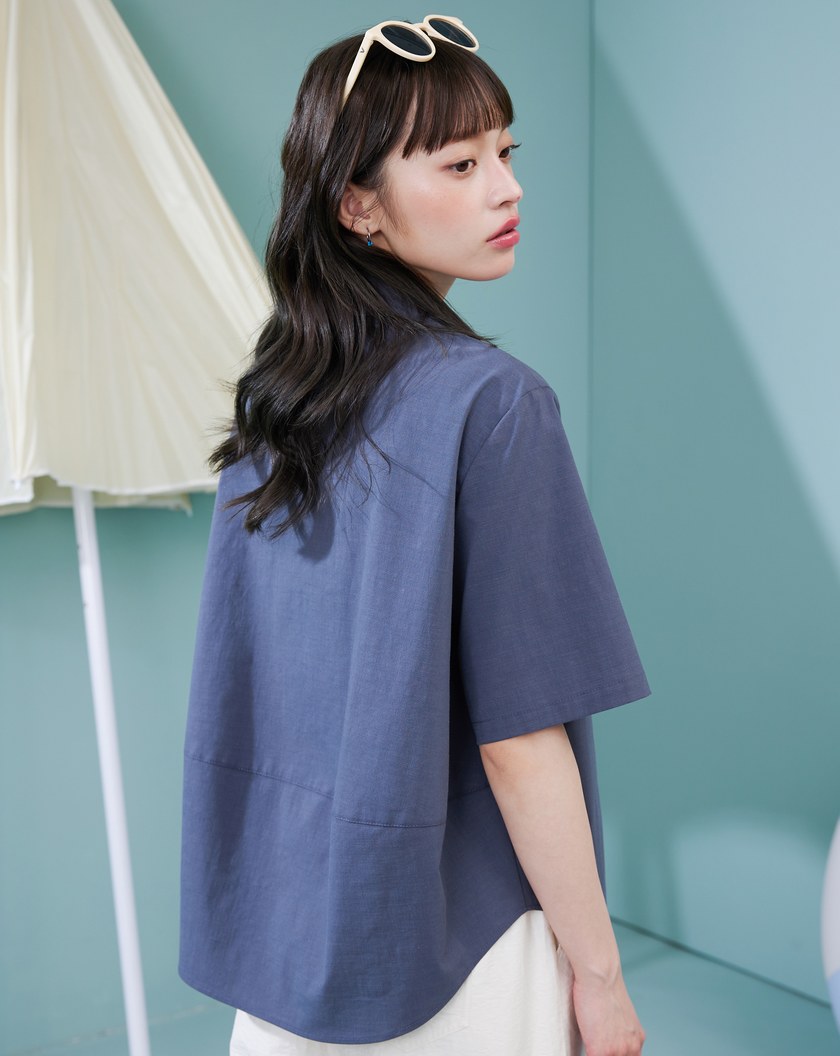 造型配色扣繭型短袖襯衫(兩色)