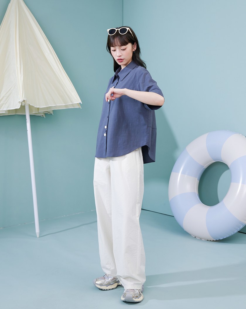 造型配色扣繭型短袖襯衫(兩色)