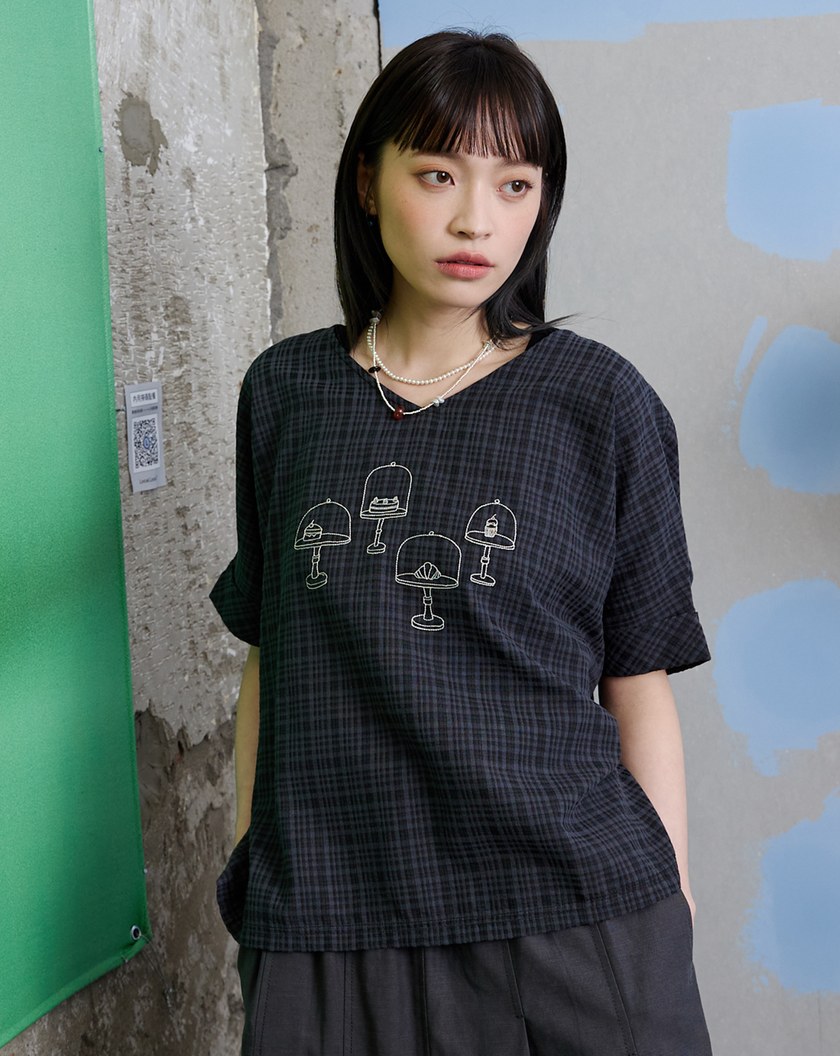 蛋糕展示架格紋抗皺連袖上衣(兩色)