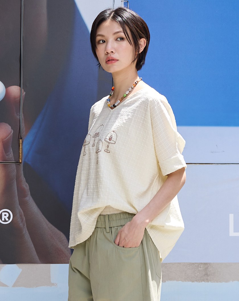 蛋糕展示架格紋抗皺連袖上衣(兩色)