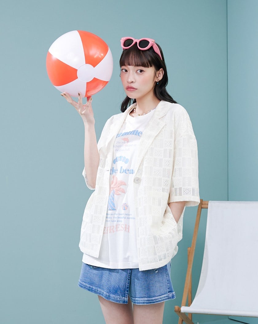 棉質蕾絲西裝領短袖襯衫(兩色)