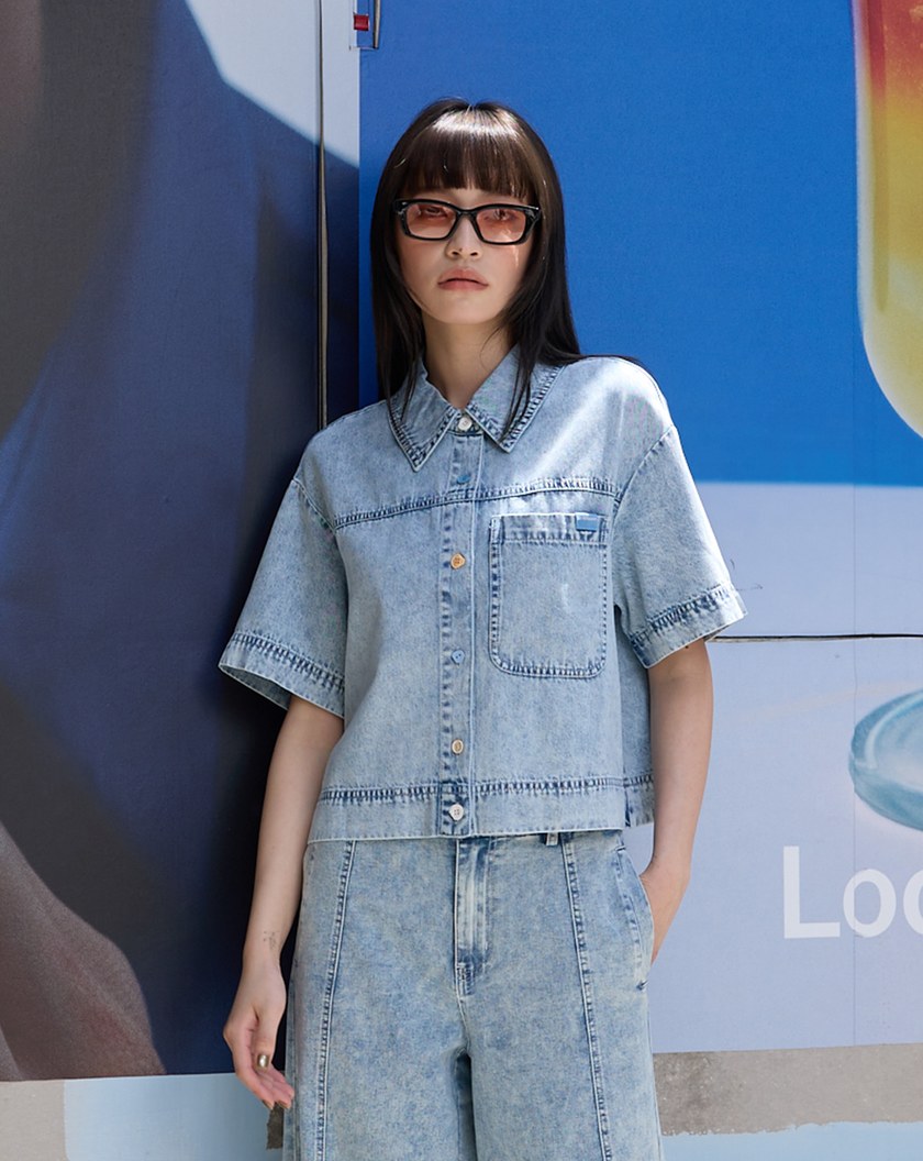 雪花水洗短版牛仔襯衫(兩色)