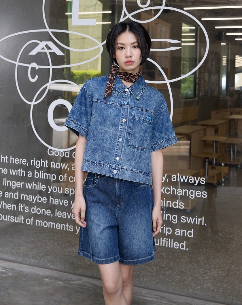 雪花水洗短版牛仔襯衫(兩色)