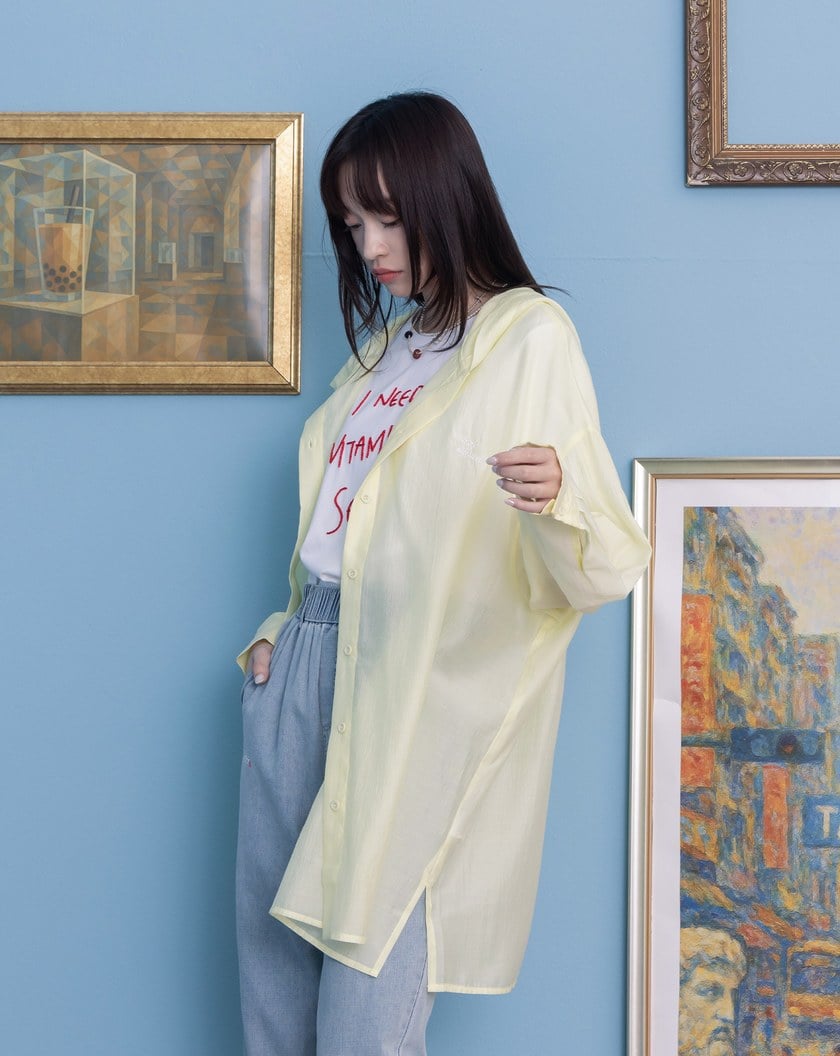 ➤刺繡天絲透膚長版連帽襯衫