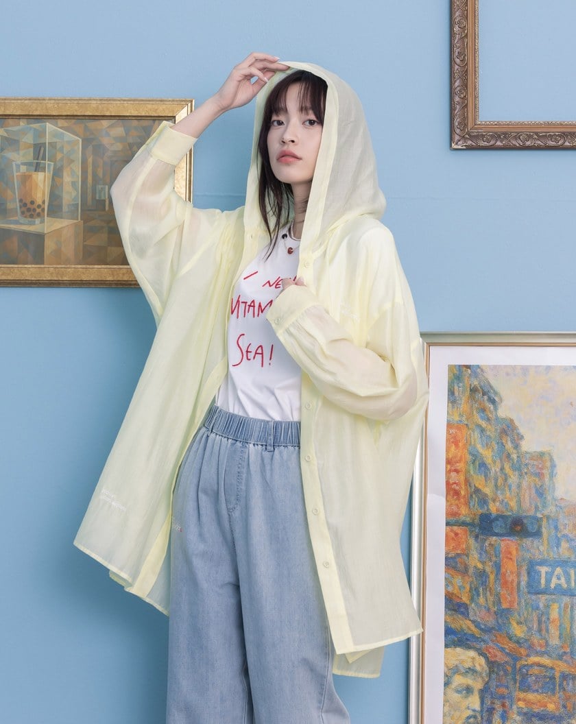 ➤刺繡天絲透膚長版連帽襯衫