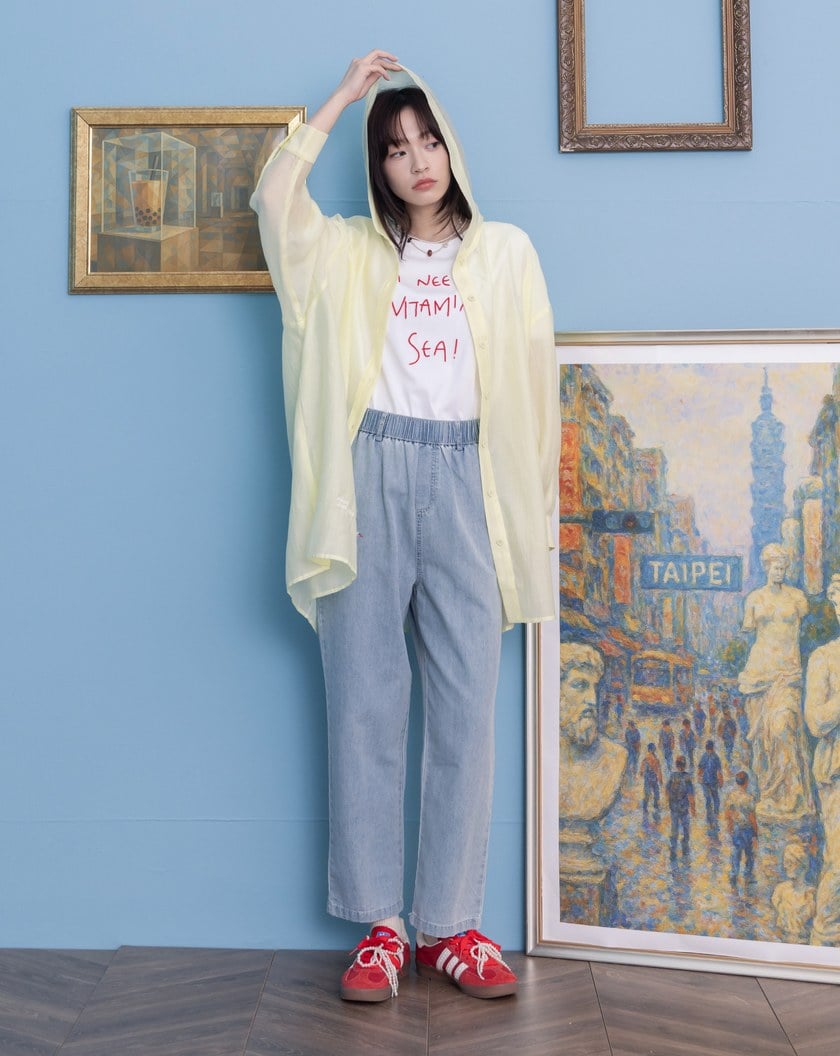 ➤刺繡天絲透膚長版連帽襯衫