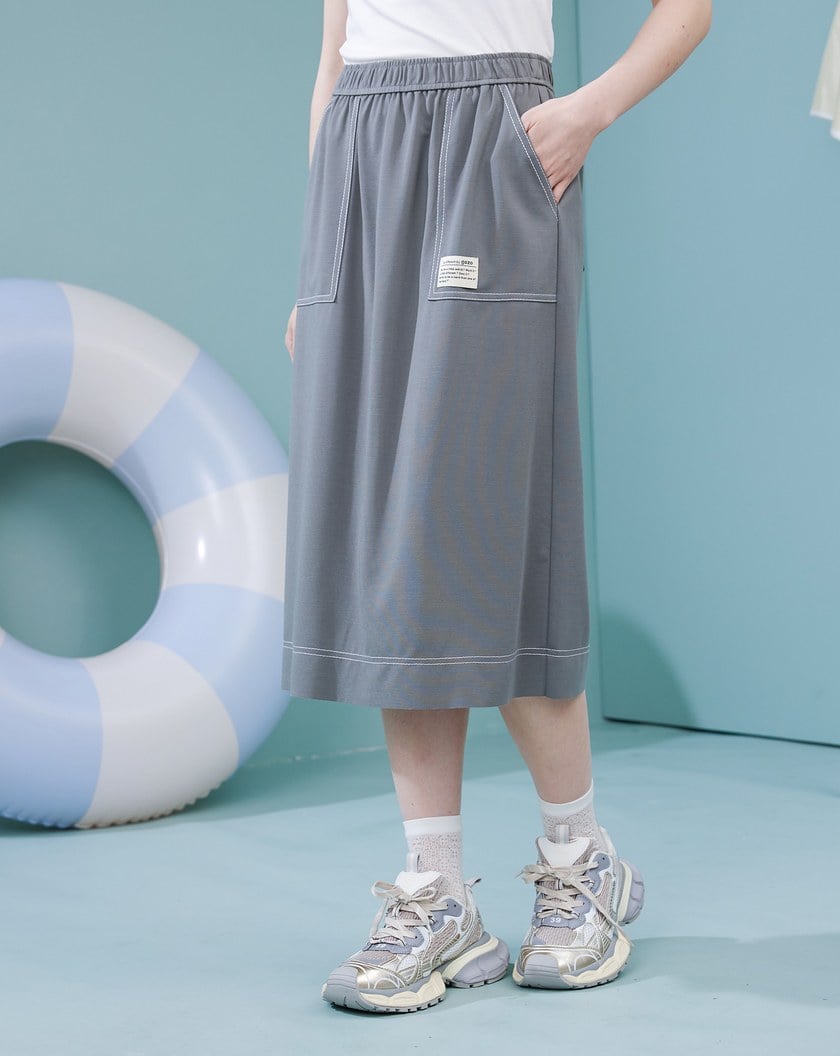 配色壓線彈力鬆緊圓裙(兩色)