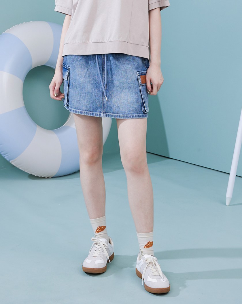 彈性牛仔不走光工裝短褲裙(兩色)