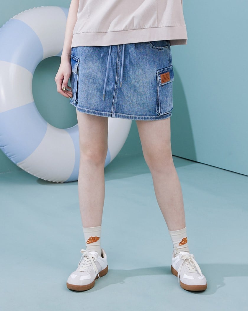 彈性牛仔不走光工裝短褲裙(兩色)