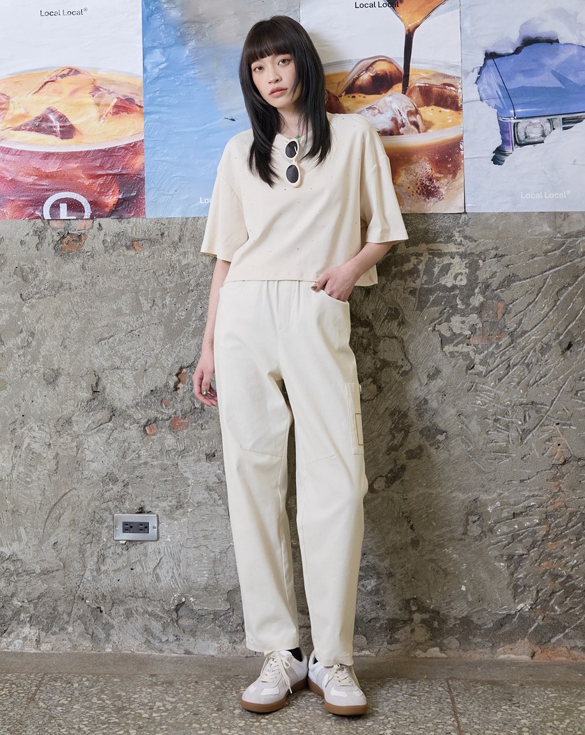 裝飾配色線單邊口袋彈力男友褲(兩色)