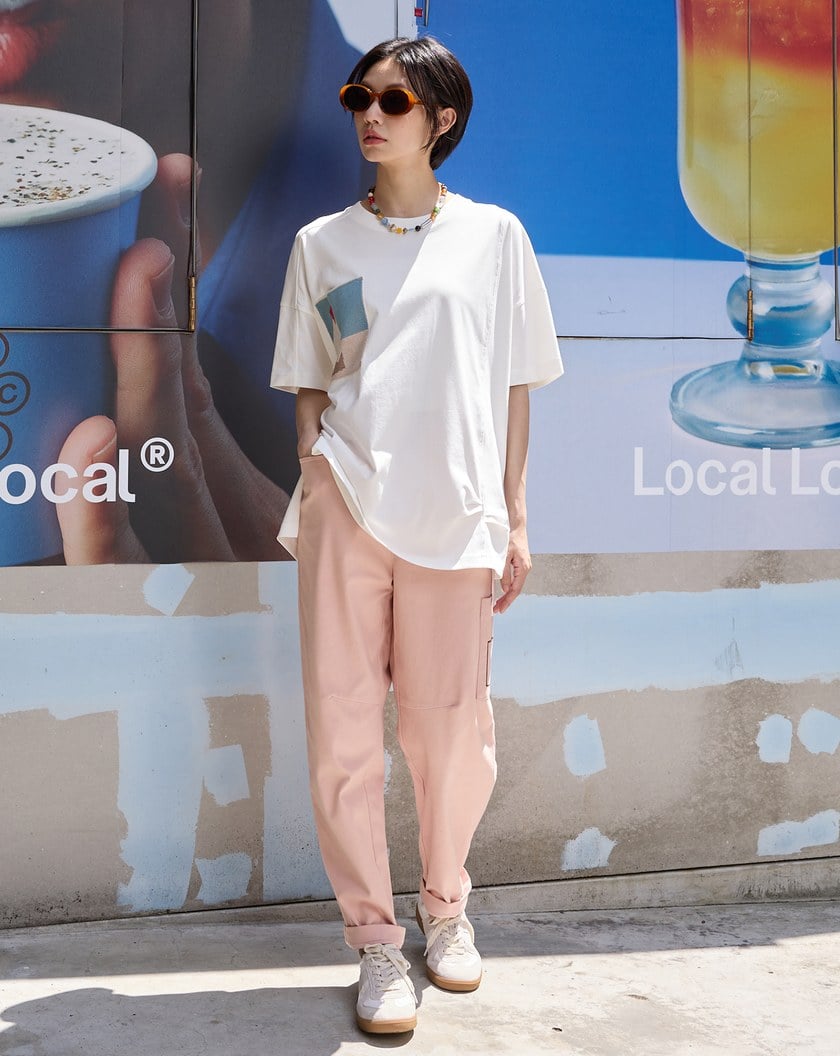 裝飾配色線單邊口袋彈力男友褲(兩色)