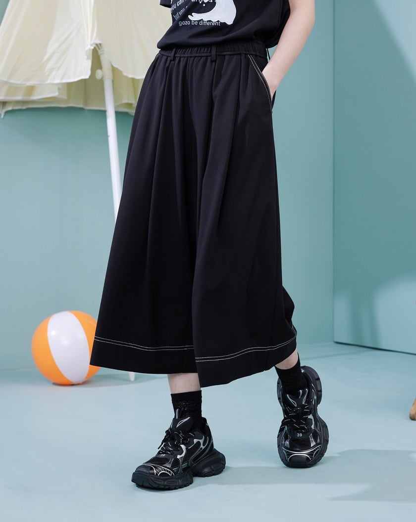 配色壓線彈力打褶8分褲裙(兩色)