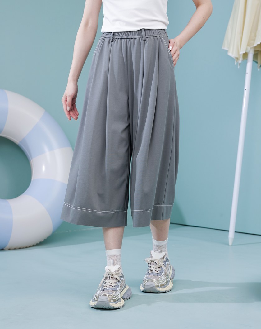 配色壓線彈力打褶8分褲裙(兩色)