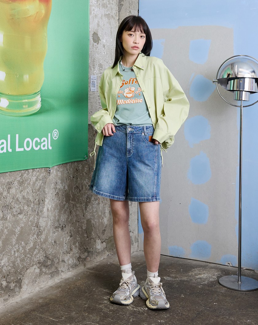 男孩風斜車線牛仔4分短褲(兩色)