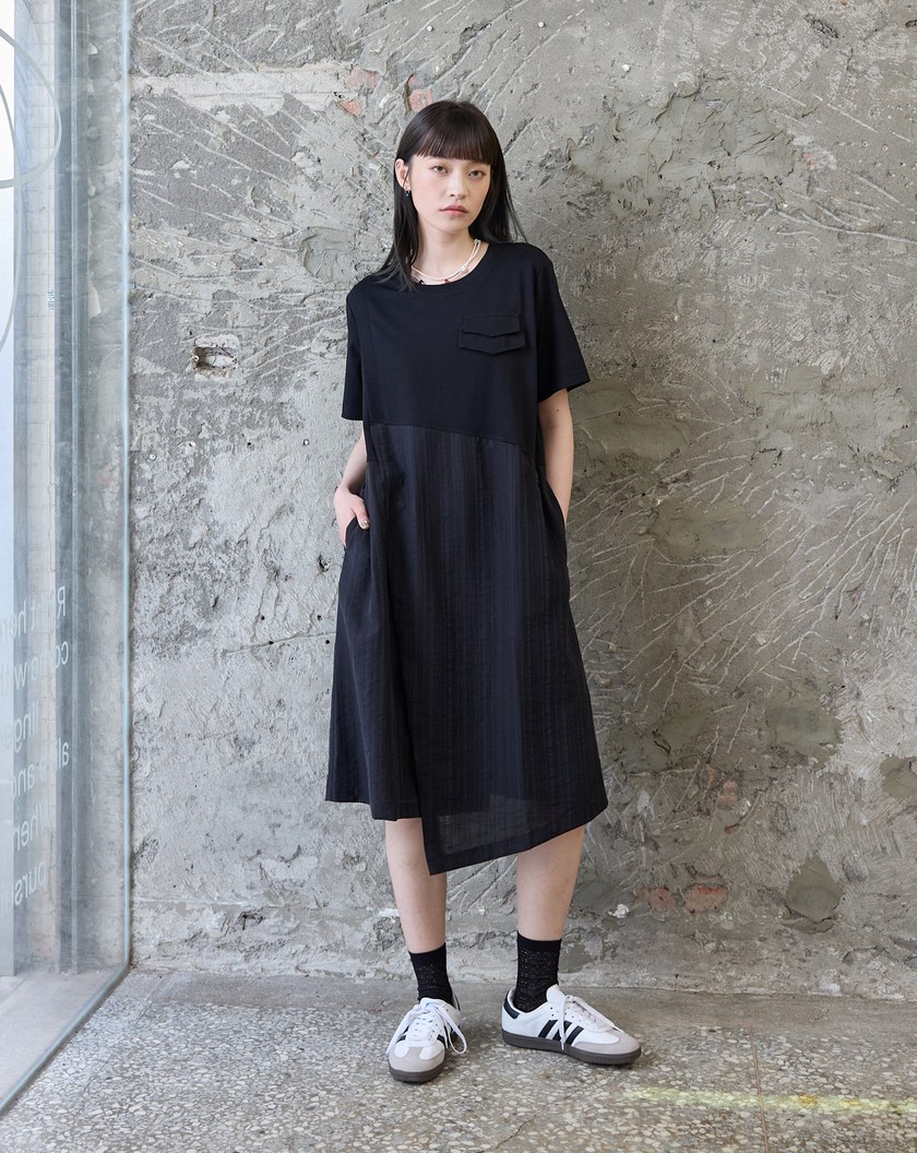 天絲異材質拼接造型洋裝(黑色)