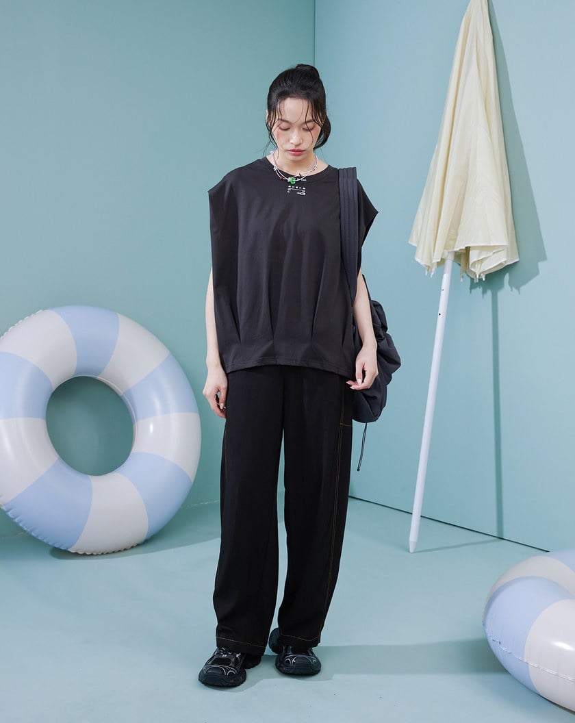 音樂撥放器抓褶連袖涼感上衣(兩色)