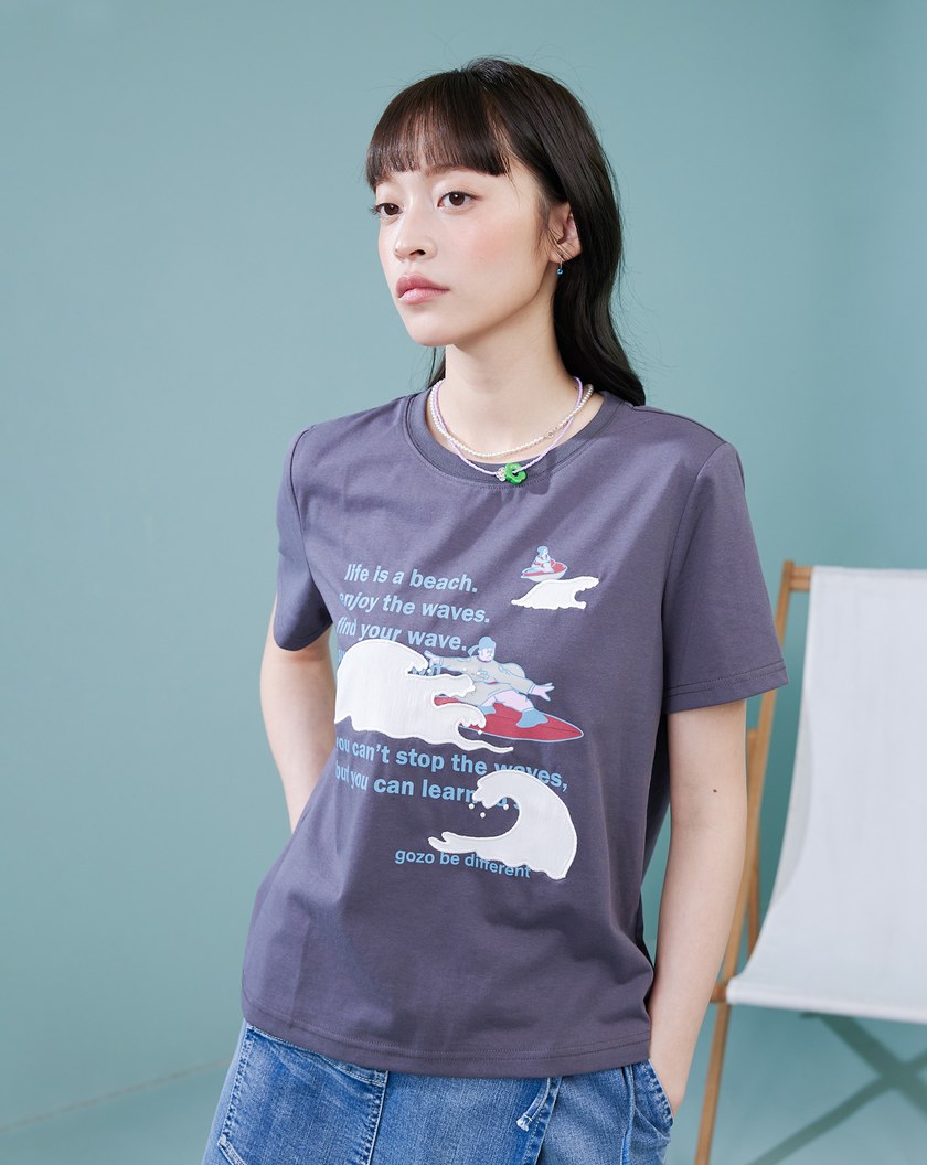 古人衝浪中貼布繡花涼感T恤(三色)
