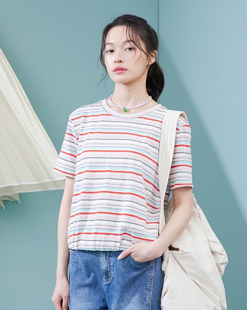 夏日繽紛條紋鬆緊下擺T恤(兩色)