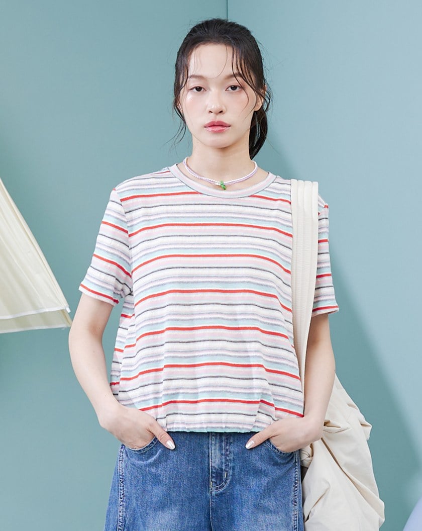 夏日繽紛條紋鬆緊下擺T恤(兩色)