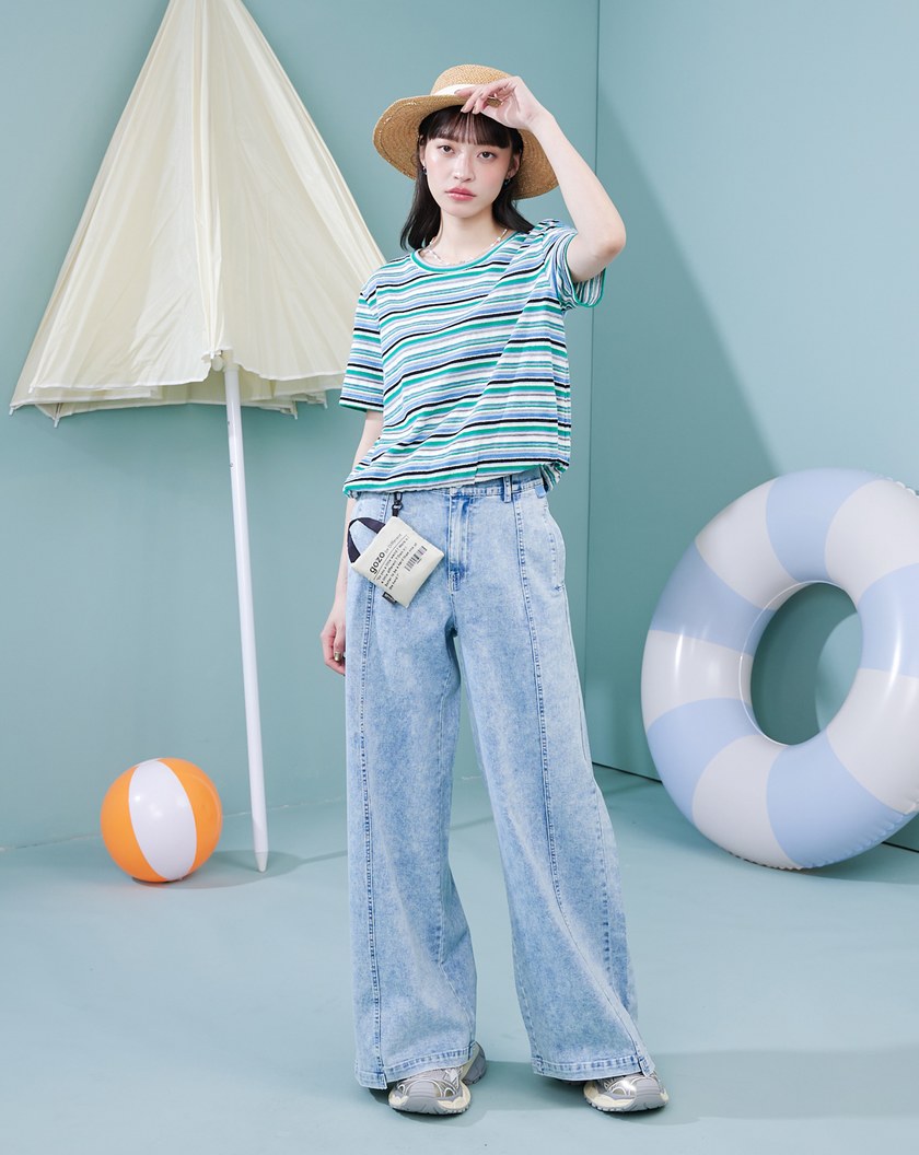 夏日繽紛條紋鬆緊下擺T恤(兩色)