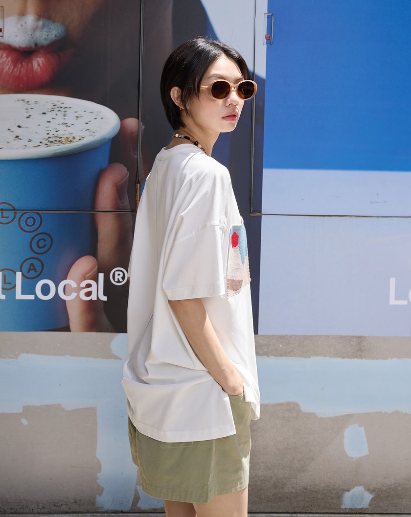 蛋糕織片口袋抓褶涼感T恤(兩色)