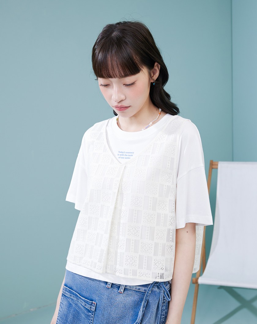 棉質蕾絲背心兩件式涼感T恤(兩色)