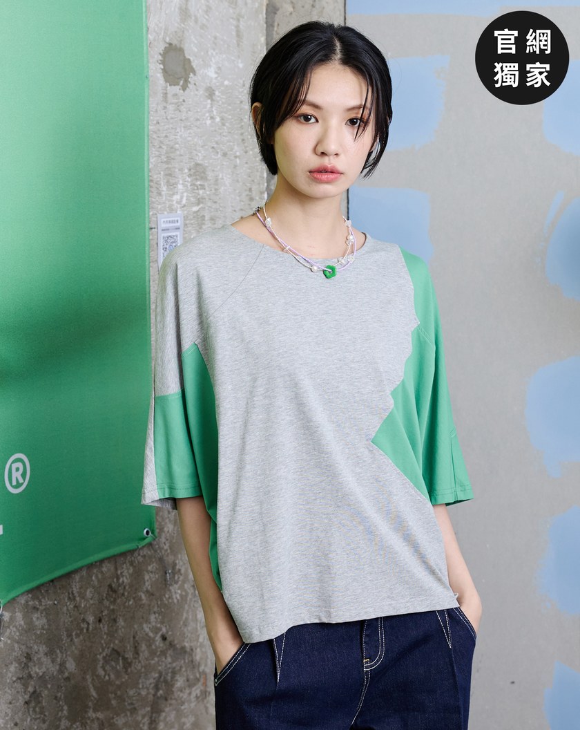 ➤不對稱撞色拼接連袖T恤(兩色)