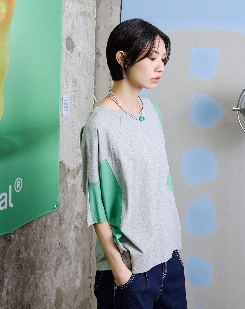 ➤不對稱撞色拼接連袖T恤(兩色)