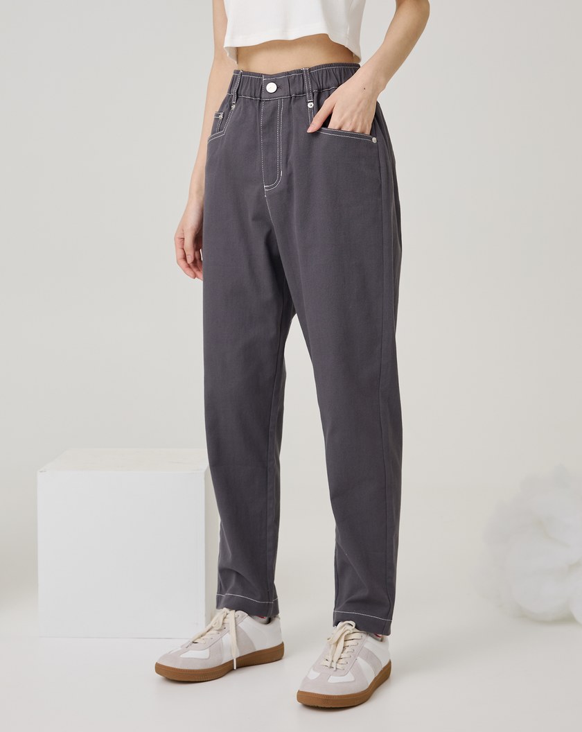 ➤褲口開衩配色彈力窄管褲(兩色)