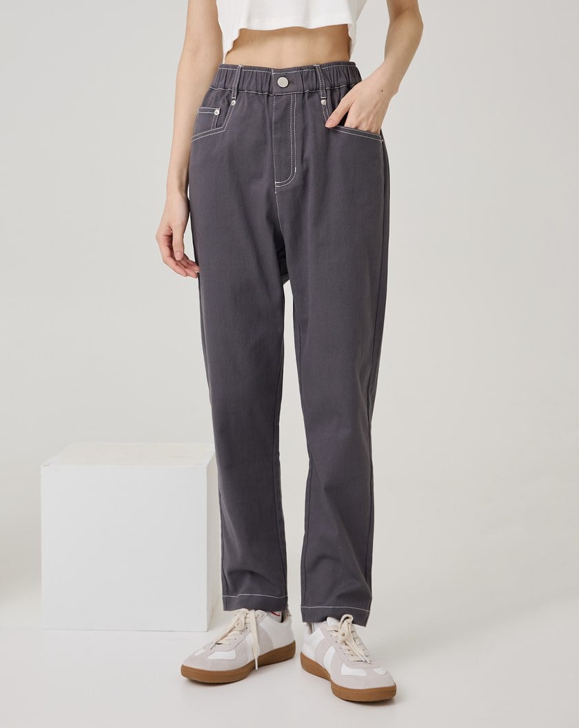 ➤褲口開衩配色彈力窄管褲(兩色)