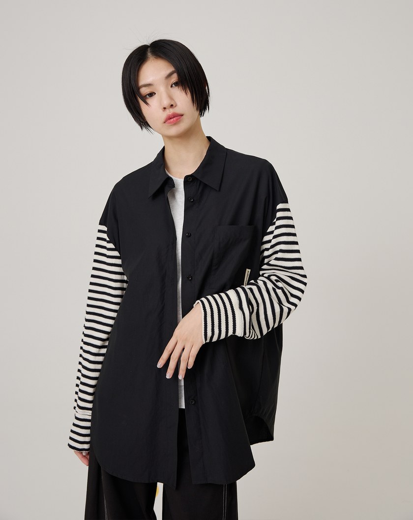 天絲棉針織條紋拼袖涼感襯衫(兩色)