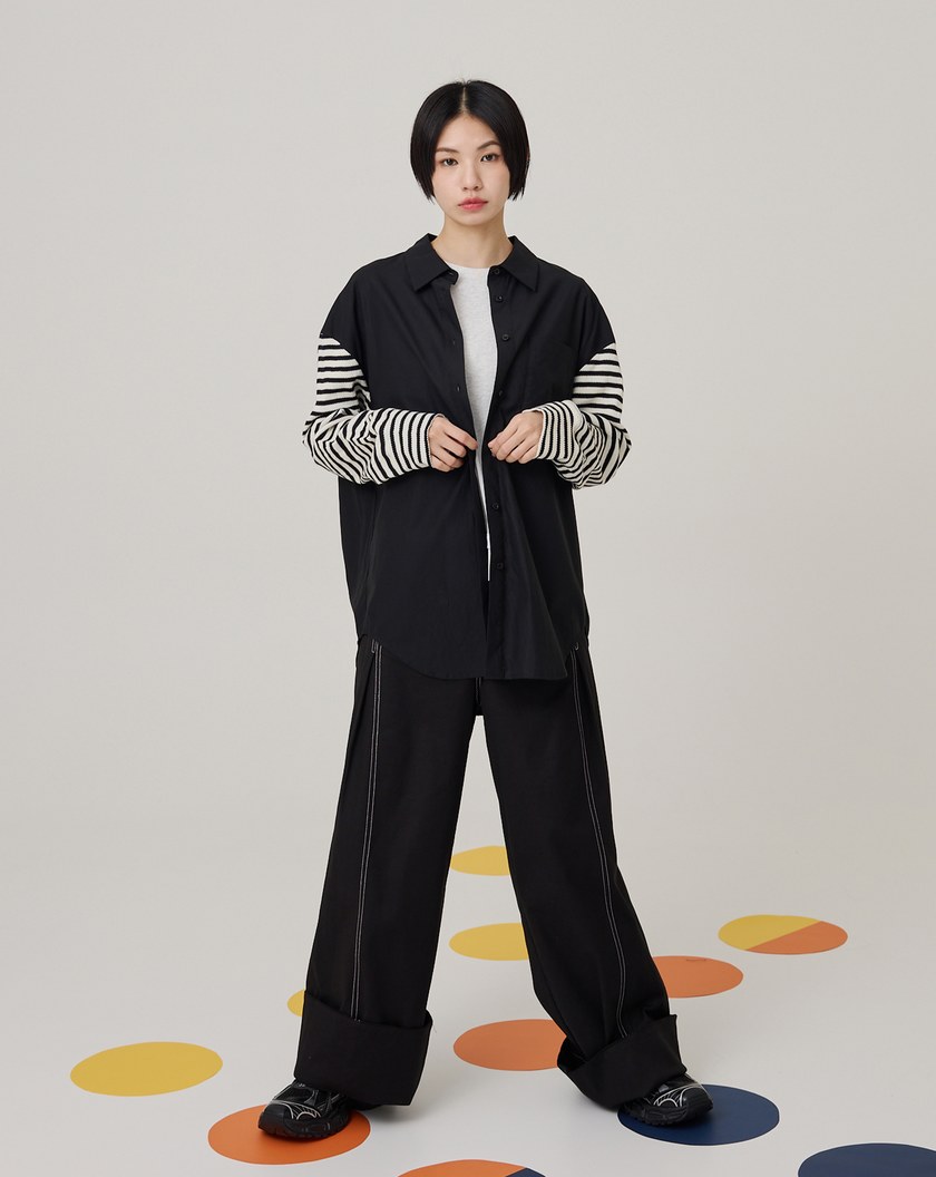 天絲棉針織條紋拼袖涼感襯衫(兩色)