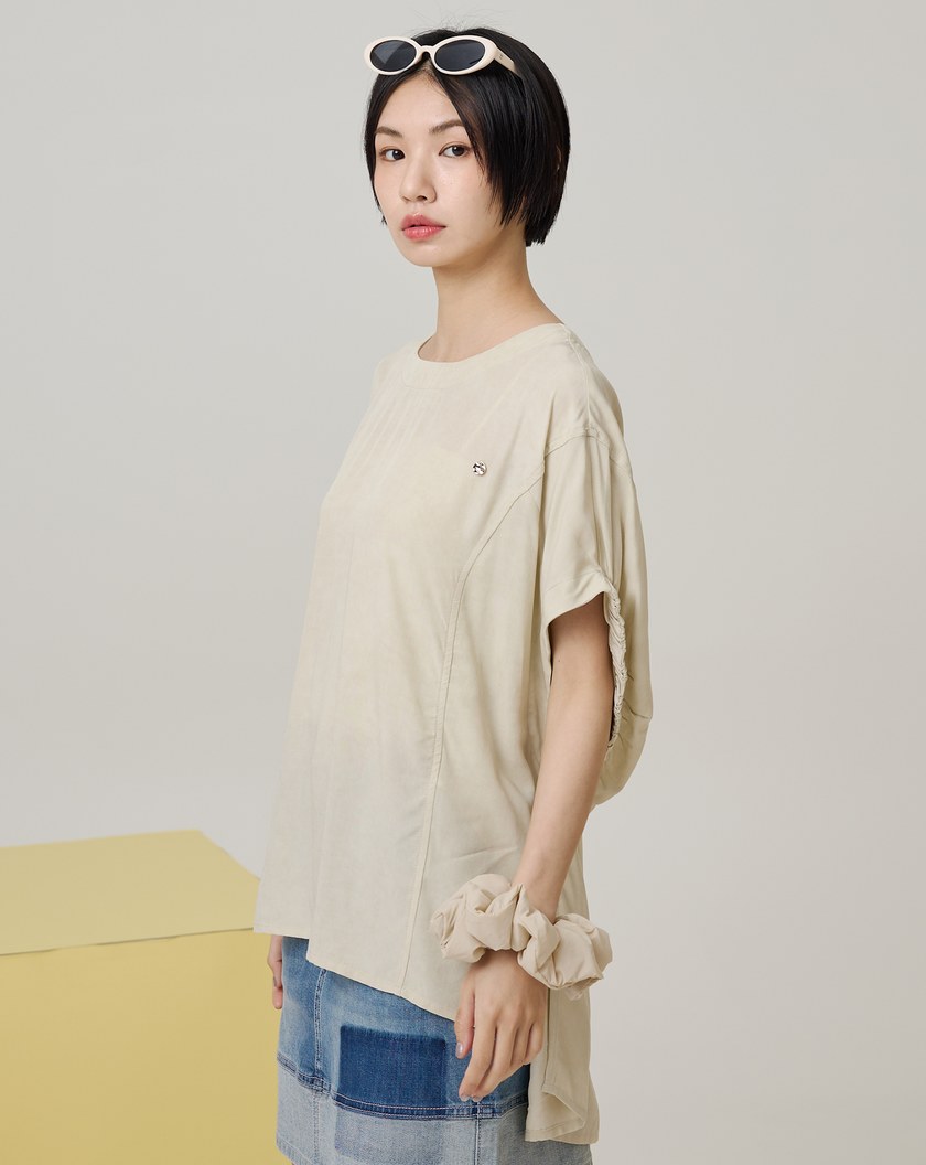 水洗風涼感竹纖維抽皺連袖上衣(淺卡其)