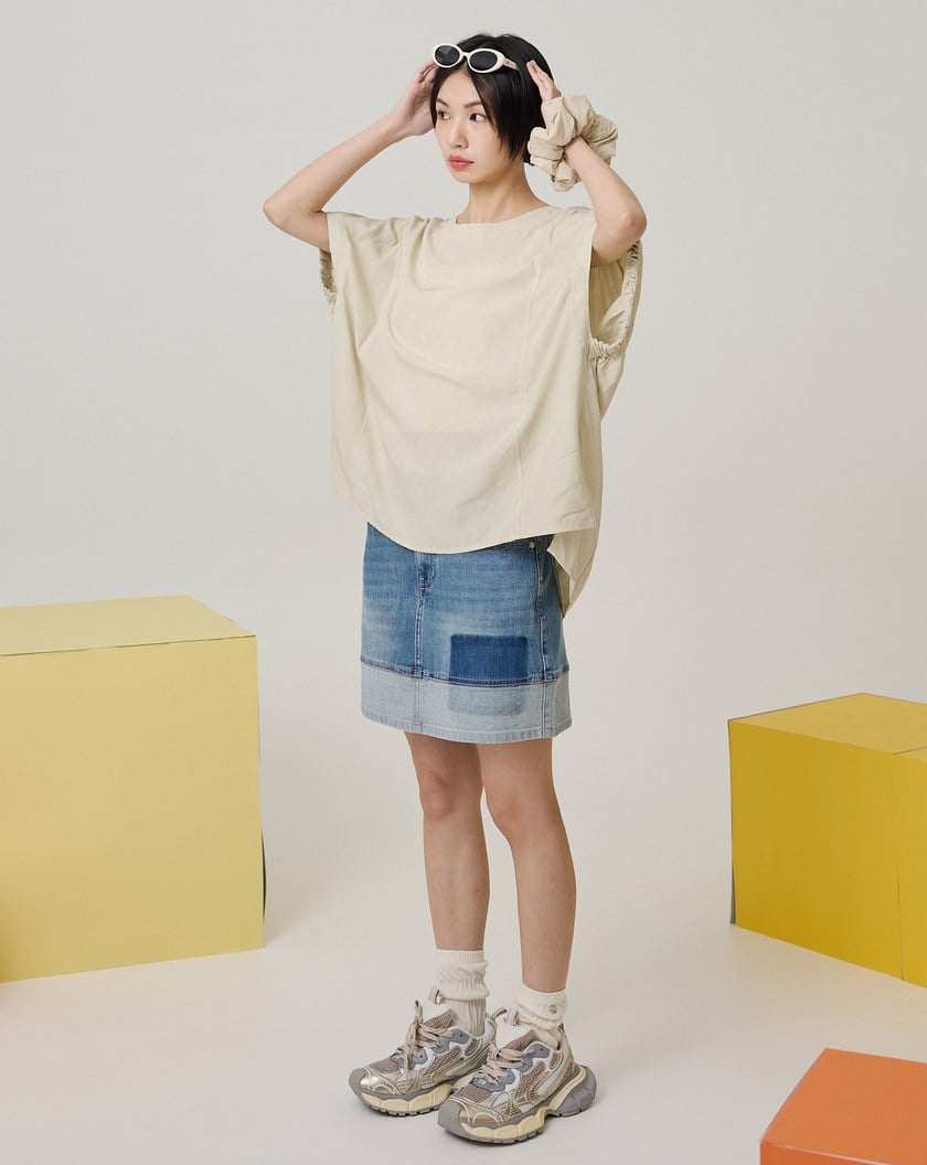 水洗風涼感竹纖維抽皺連袖上衣(淺卡其)