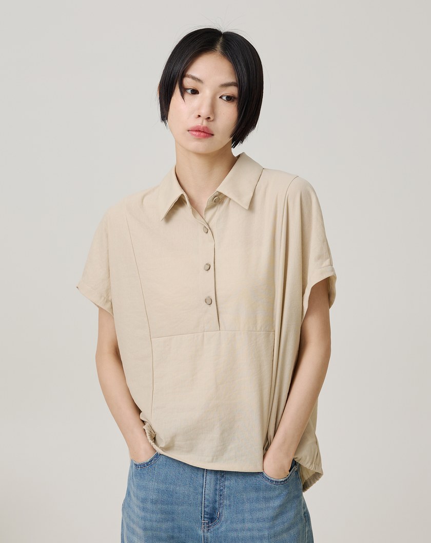 鬆緊下擺半開襟連袖短袖襯衫(兩色)