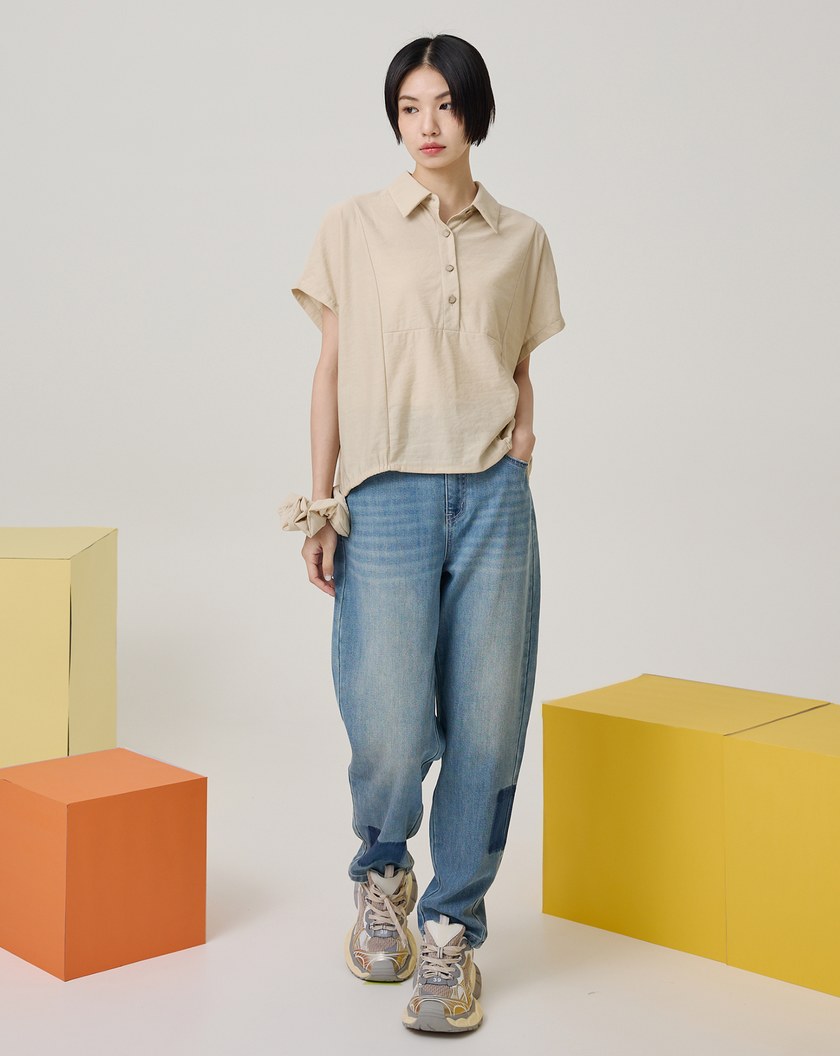 鬆緊下擺半開襟連袖短袖襯衫(兩色)