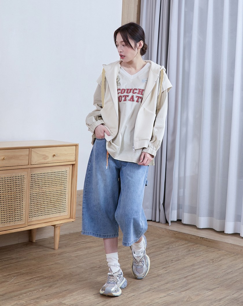 造型帽繩落肩連帽背心(兩色)