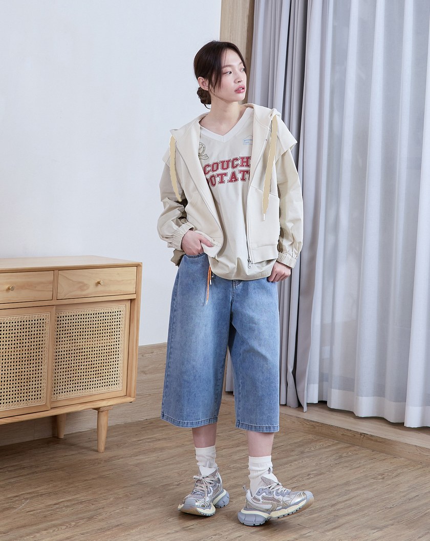 造型帽繩落肩連帽背心(兩色)