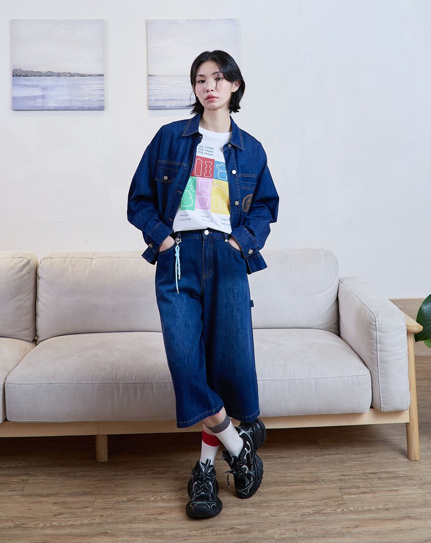 g字繡花落肩彈力牛仔襯衫(兩色)