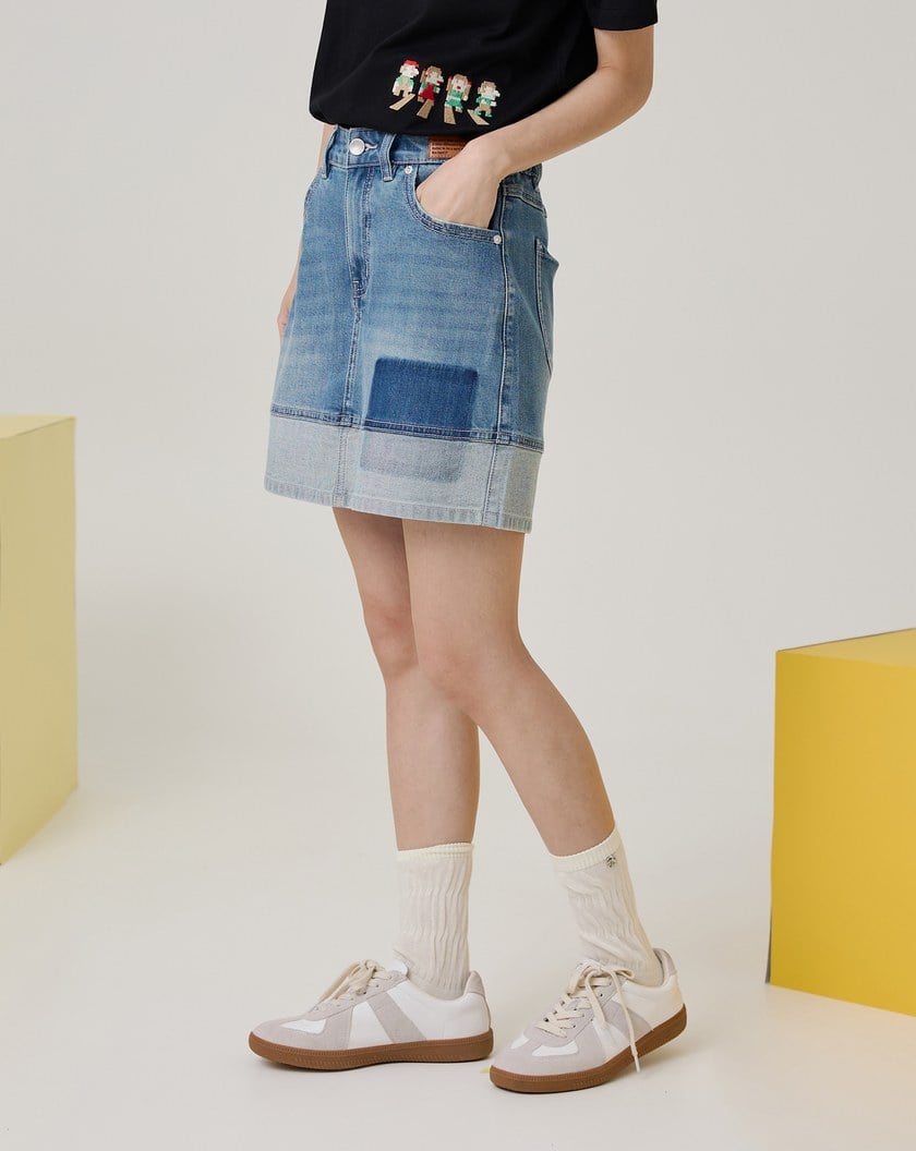 涼感天絲麻拼接牛仔短褲裙(兩色)