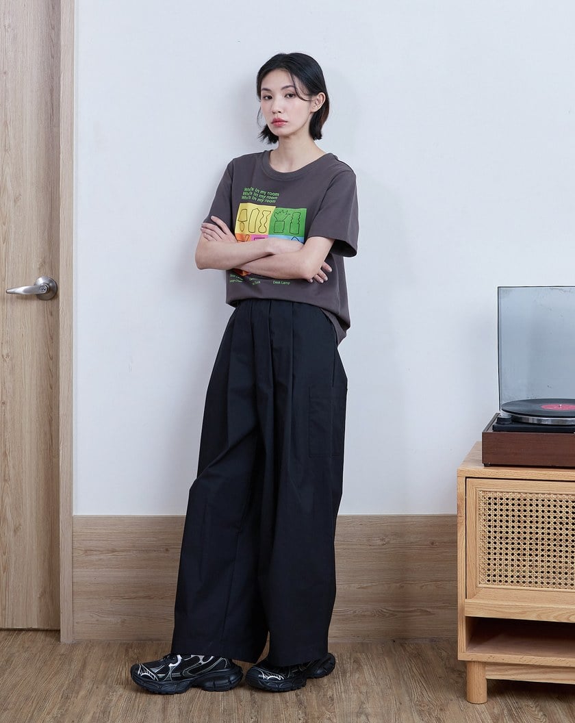 立體打褶鬆緊口袋寬褲(兩色)