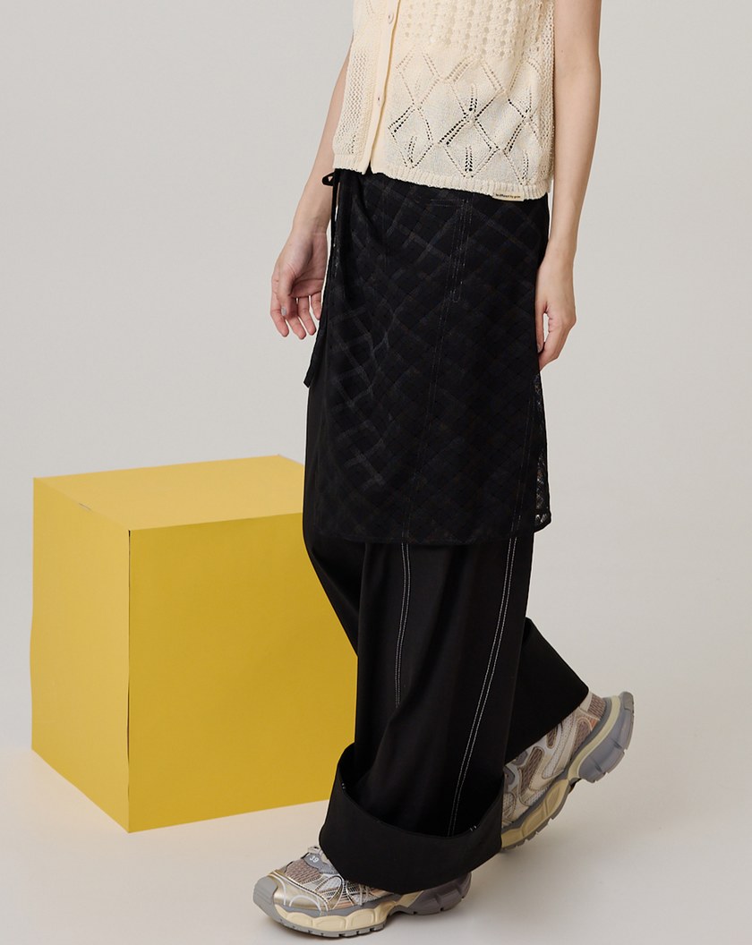 好比例配色線大反摺落地寬褲(兩色)