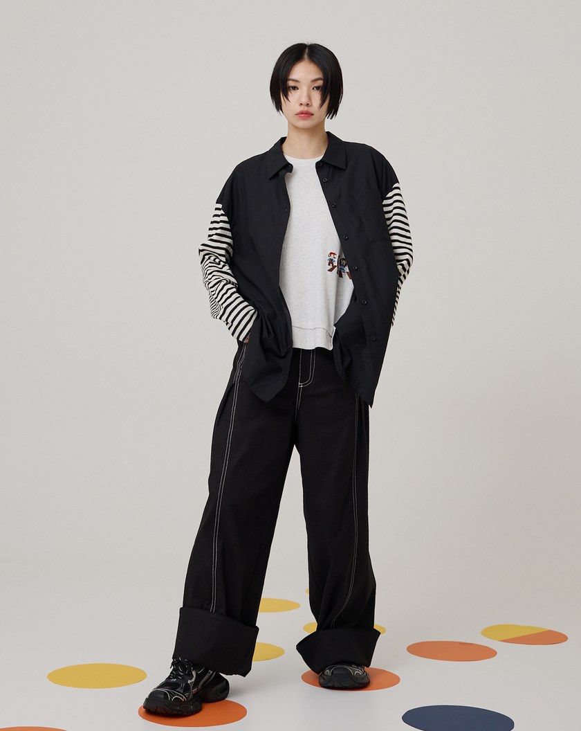 好比例配色線大反摺落地寬褲(兩色)