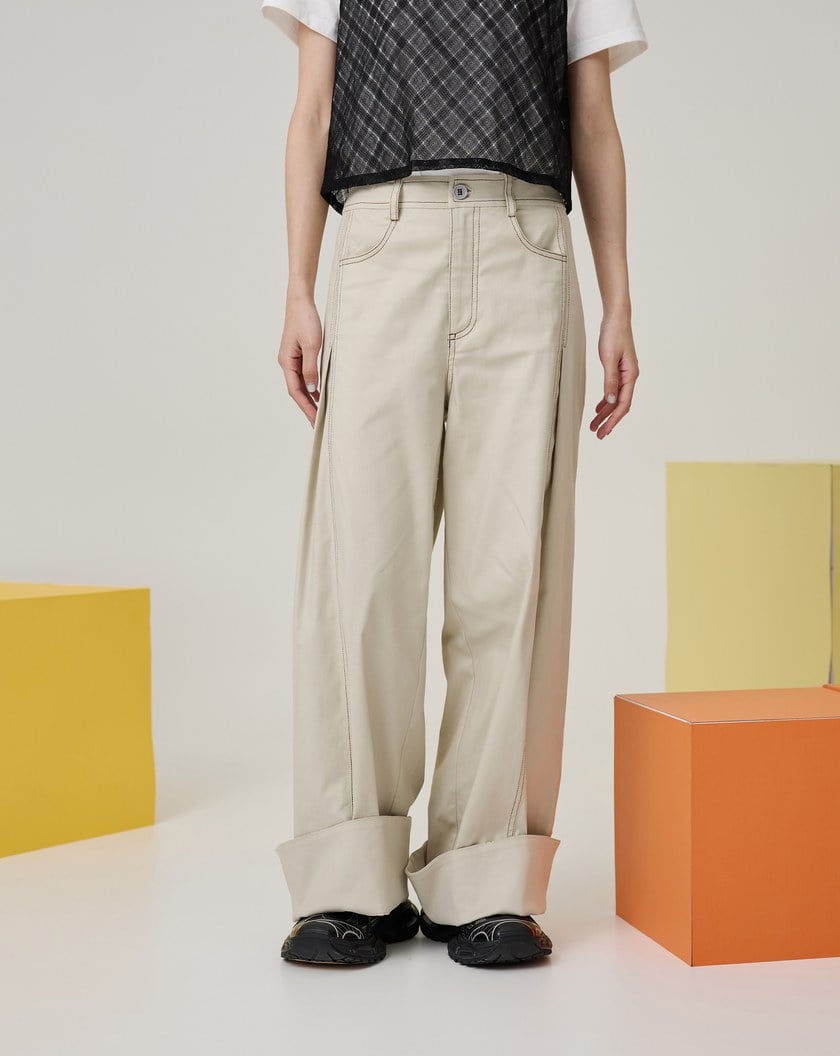 好比例配色線大反摺落地寬褲(兩色)