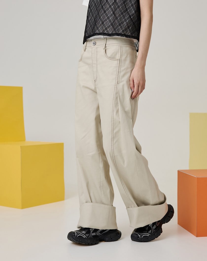 好比例配色線大反摺落地寬褲(兩色)