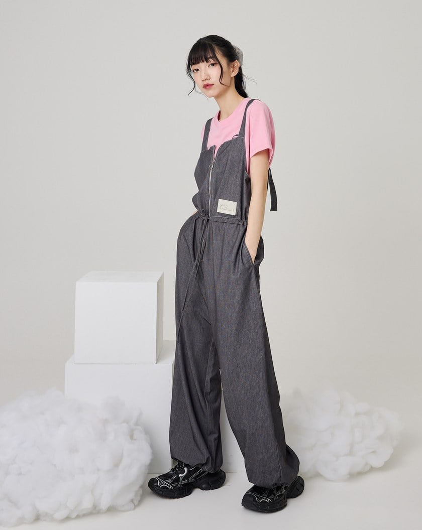 拉鍊縮腰柔軟仿牛仔吊帶褲(兩色)