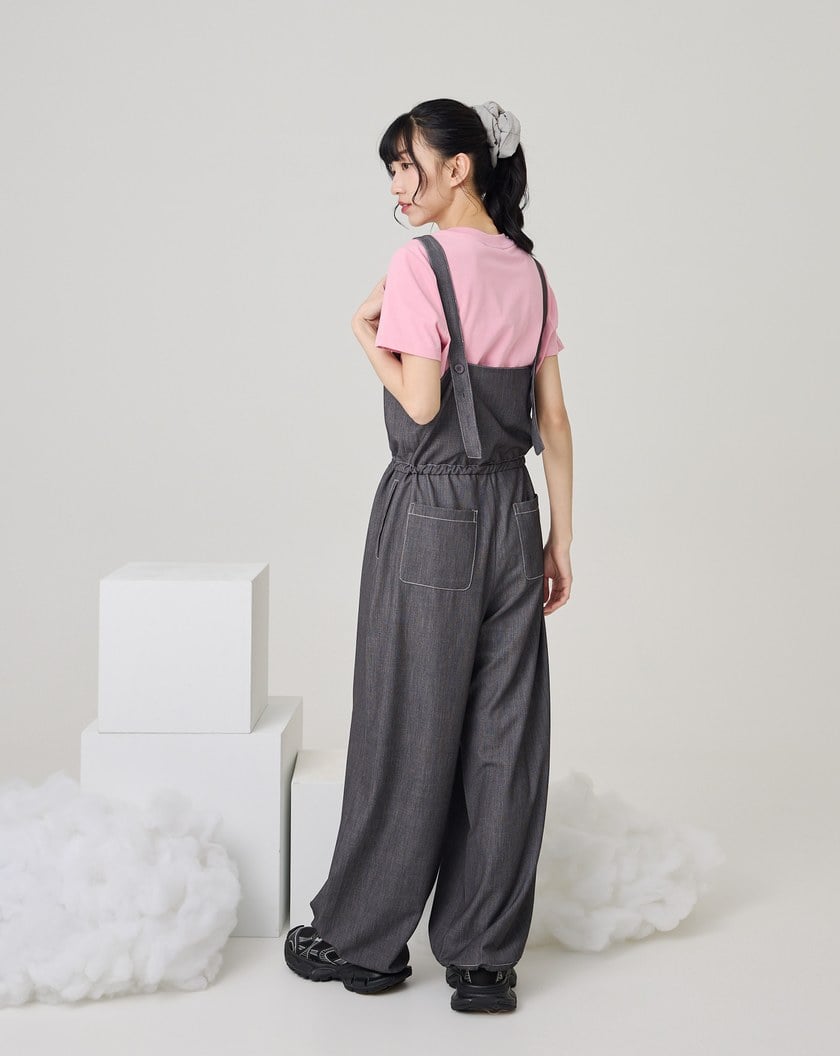 拉鍊縮腰柔軟仿牛仔吊帶褲(兩色)