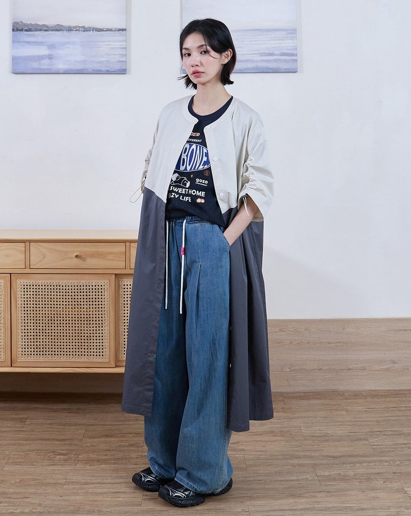 拼色抽繩袖造型直筒洋裝(兩色)