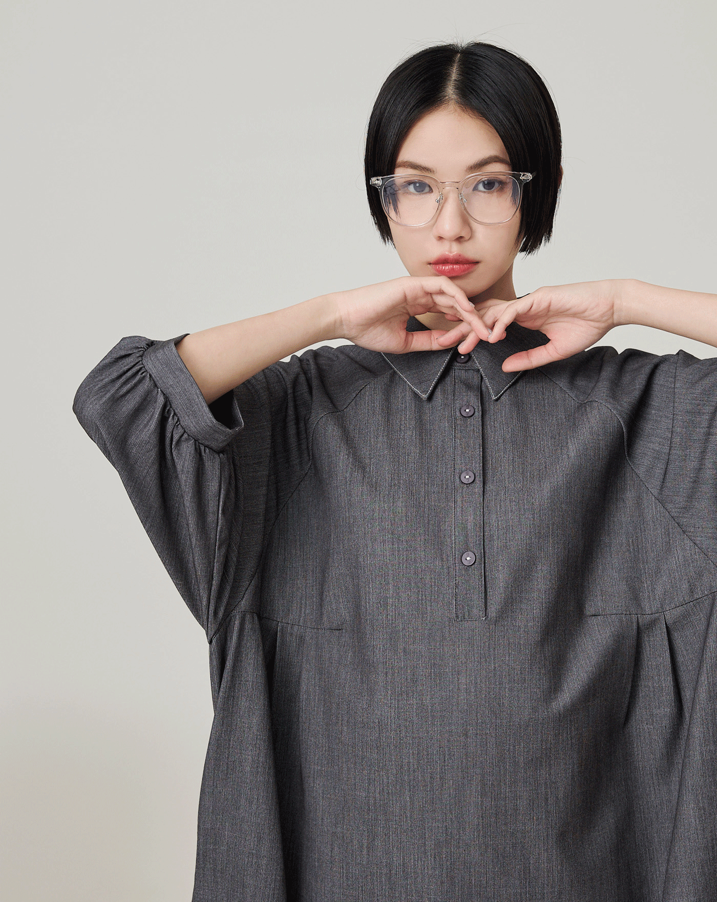 澎澎袖半開襟柔軟仿牛仔洋裝(兩色)