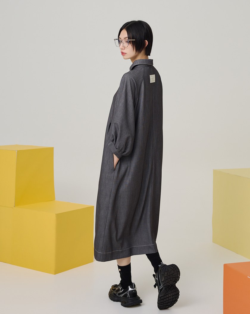 澎澎袖半開襟柔軟仿牛仔洋裝(兩色)